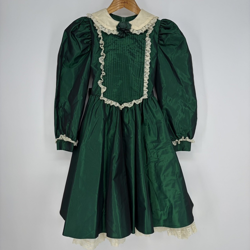 Vtg Miele from Canada Girls 10 Dark Green Taffeta Lace Trim Party Dress Costume